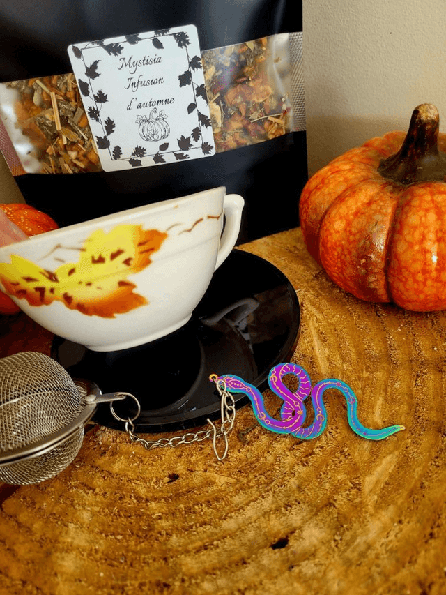 Lot infusion, sa tasse, sa boule à thé avec breloque serpent
