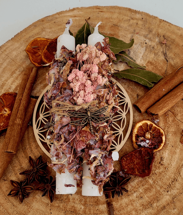 Bougies ritualisées Amour - roses séchées et lavande (la paire)