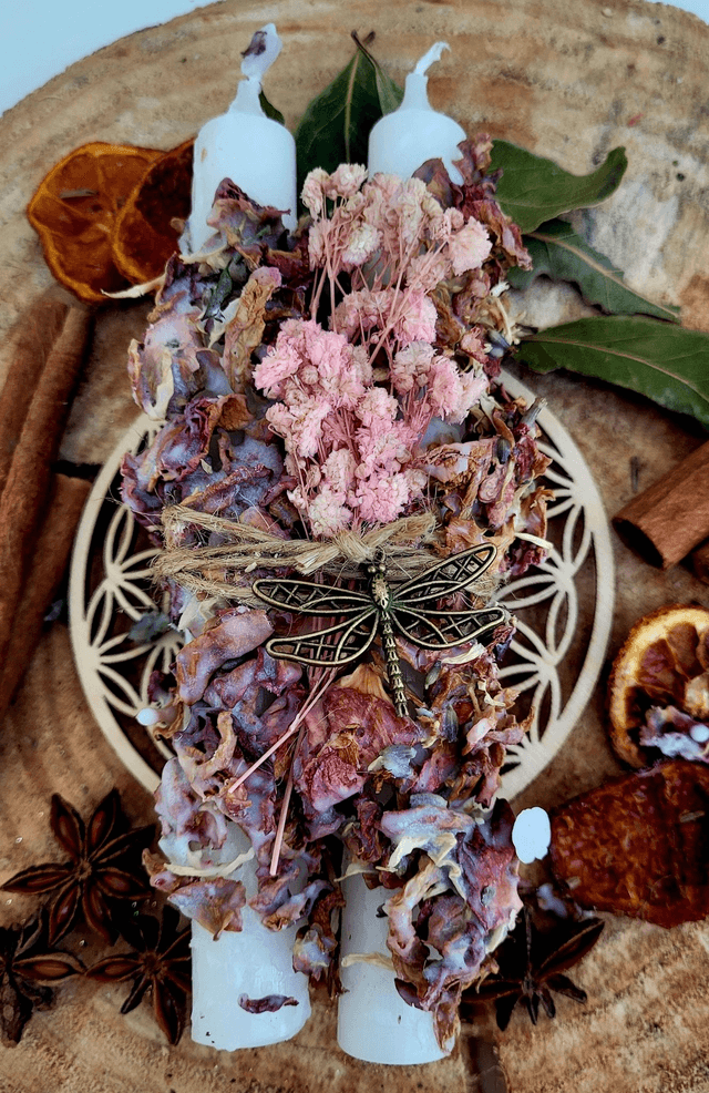 Bougies ritualisées Amour - roses séchées et lavande (la paire)